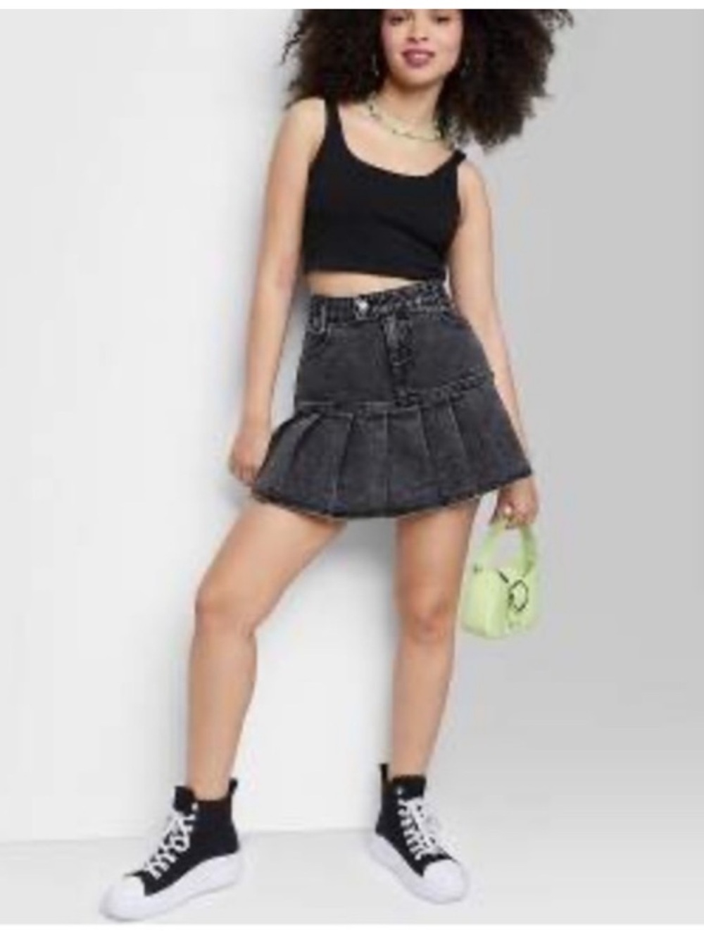 wild fable Black Washed Pleated Denim Mini Skirt